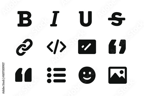 Message Formatting Icons. Solid style icons of message formatting tools: bold, italic, underline, strikethrough, hyperlink, code