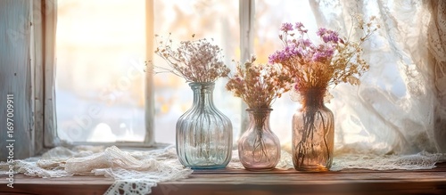 Dried Flower Display in Vintage Glass Vases with Natural Light and Lace