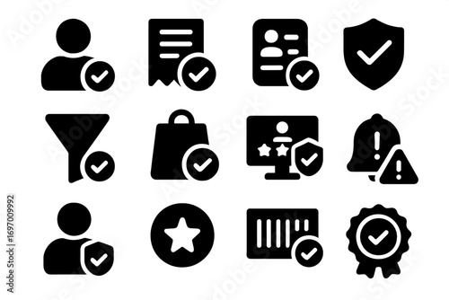 Verified Review Icons. Solid style icons of verified review systems: verified user icon, confirmed purchase, reviewer ID, secure