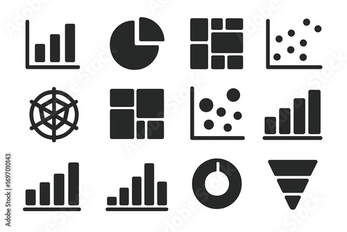 Data Visualization Icons. Solid style icons of data visualization types: bar graph, pie chart, heatmap icon, scatter plot, radar