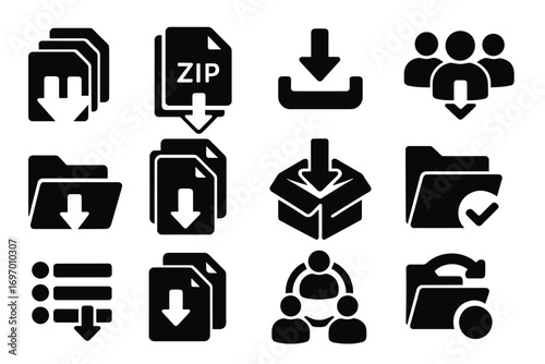 Bulk Download Icons. Solid style icons of bulk downloads: multiple files icon, zip archive fetch, download all tray, batch