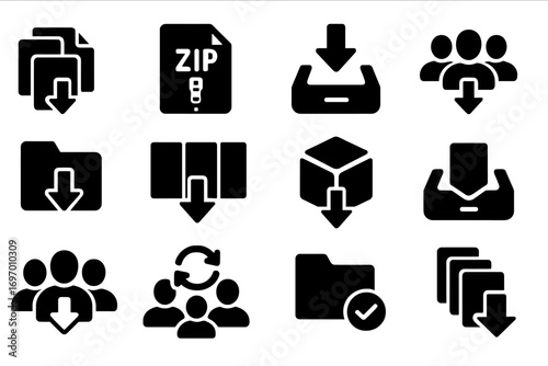 Bulk Download Icons. Solid style icons of bulk downloads: multiple files icon, zip archive fetch, download all tray, batch