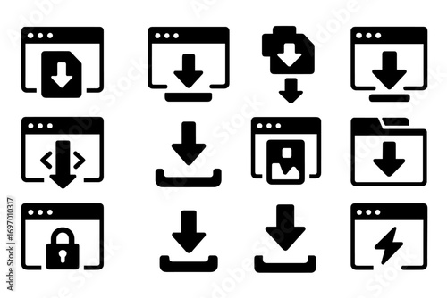 Solid Browser Icons. Solid style icons of browser downloads: web file fetch, browser arrow icon, web page download, extension