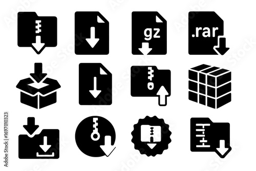 Archive Download Icons. Solid style icons of archive downloads: compressed folder arrow, zip download icon, tar.gz file fetch, rar