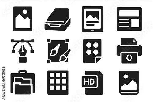 Graphic Design Icons. Solid style icons of graphic and design printing: poster print icon, flyer tray, print mockup, layout proof,