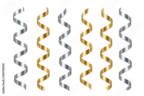 Decorative golden and silver ribbon streamers festive swirl illustration perfect for holiday celebrations, New Year’s Eve, and party artwork design