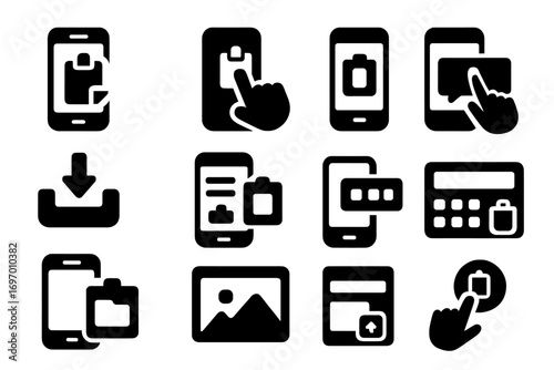 Mobile Paste Icons. Solid style icons of mobile paste actions: phone with paste icon, long press paste tray, clipboard popup on