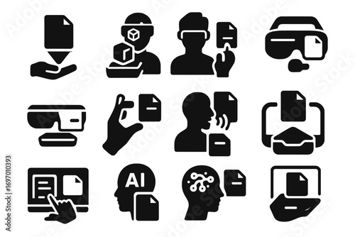 Futuristic Copy Icons. Solid style icons of future and virtual copy interactions: holographic file copy, AR object duplication, VR