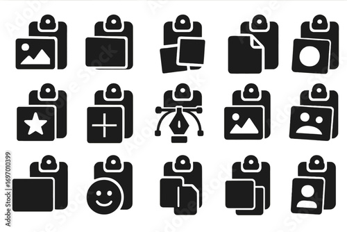 Creative Paste Icons. Solid style icons of media and creative paste: photo paste icon, paste into canvas, layer insert icon,