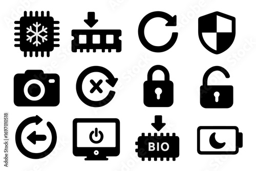 System Protection Icons. Solid style icons of system saving: CPU freeze icon, save RAM state, auto-recovery icon, system snapshot,