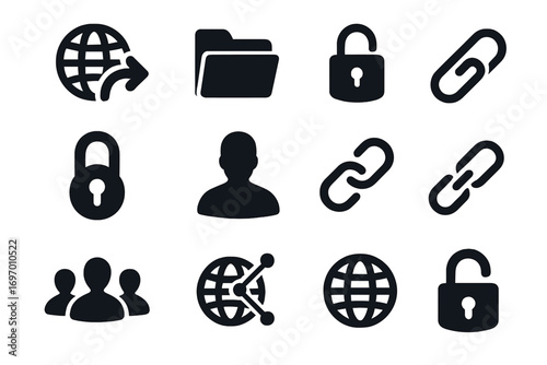 Public Access Icons. Solid style icons of public access: globe with share, public folder, unlocked file icon, open access icon,