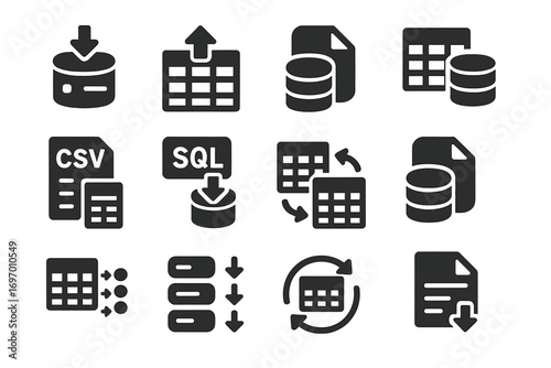 Database Import Icons. Solid style icons of database import: import record icon, table upload, database file arrow, import row set