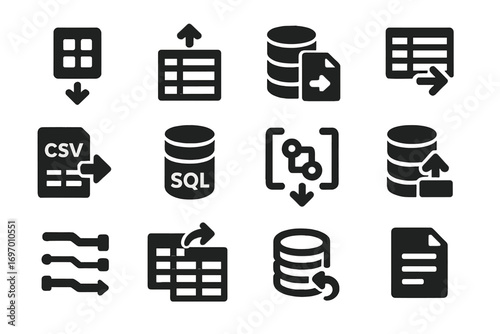 Database Import Icons. Solid style icons of database import: import record icon, table upload, database file arrow, import row set