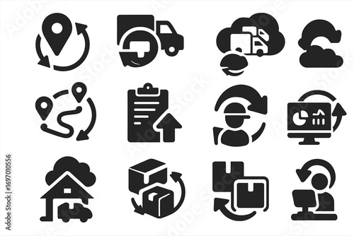 Logistics Icons Sync. Solid style icons of logistics and transport sync: GPS sync icon, delivery tracker refresh, fleet cloud