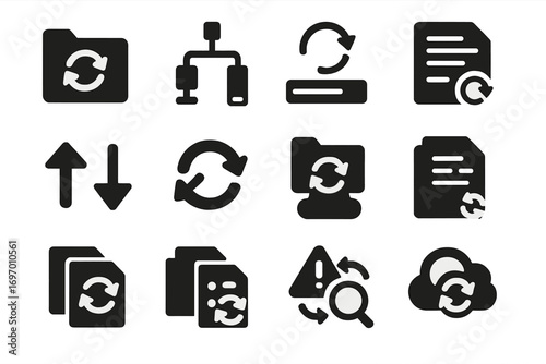 File Sync Icons. Solid style icons of file sync operations: folder with sync arrows, file tree update, sync progress bar, sync log