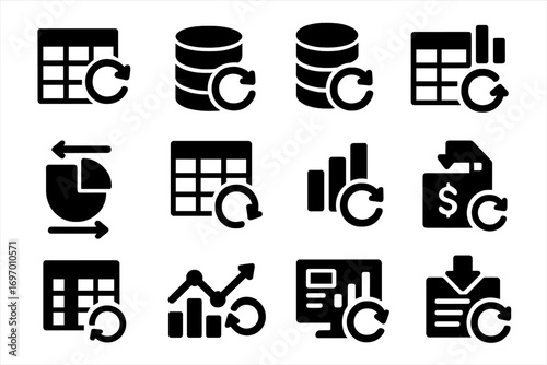 Data Refresh Icons. Solid style icons of data refresh: spreadsheet refresh, database reload, data sync icon, update sheet icon,