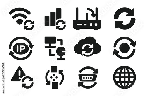 Network Refresh Icons. Solid style icons of network and connection refresh: Wi-Fi refresh, network signal reload, router reboot