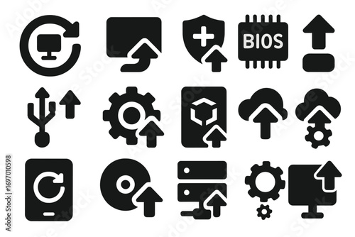 System Upgrade Icons. Solid style icons of system upgrades: operating system update icon, reboot to install, system patch icon,