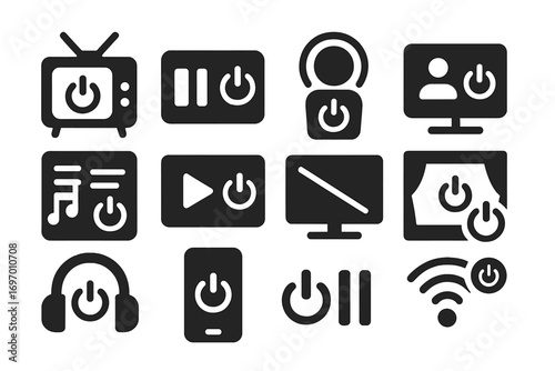 Media Shutdown Icons. Solid style icons of entertainment and media shutdown: TV with power symbol, stream stop icon, podcast