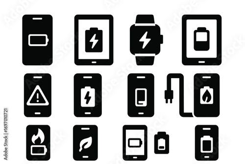Mobile Device Battery Icons. Solid style icons of battery in mobile devices: smartphone battery icon, tablet charging symbol,