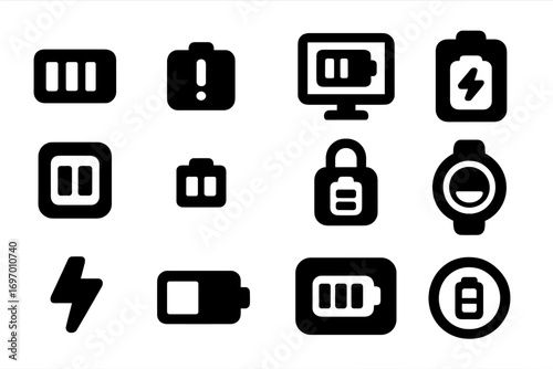 Battery Icon Set. Solid style icons of battery UI elements: battery icon in status bar, notification battery symbol, desktop