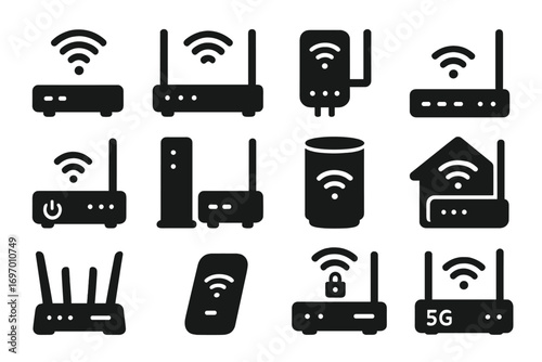 Solid Router Icons. Solid style icons of Wi-Fi routers: standard router icon, dual antenna router, wall-mounted router symbol,