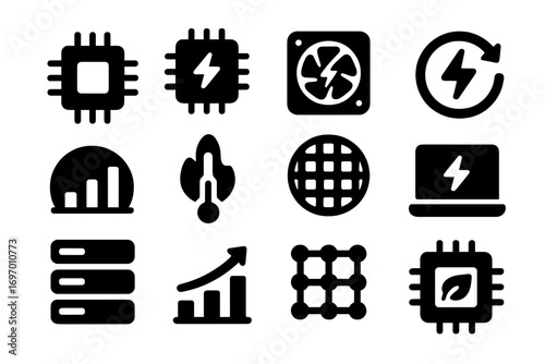 Computing Power Icons. Solid style icons of computing power: processor chip icon, CPU bolt, GPU power icon, overclock symbol,