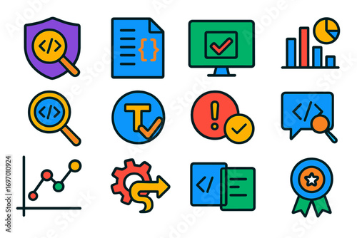 Code Tools Icons. Flat vector icons of Code Quality Tools: linter icon, code formatter, unit test, code coverage chart, static