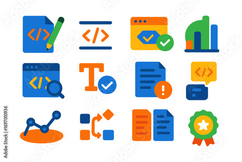 Code Tools Icons. Flat vector icons of Code Quality Tools: linter icon, code formatter, unit test, code coverage chart, static