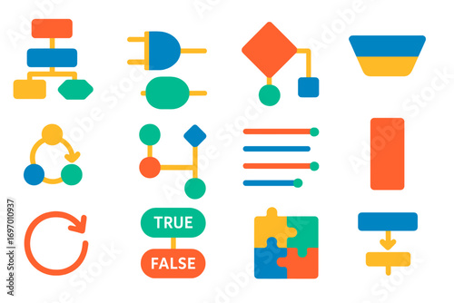 Minimalist Programming Icons. Flat vector icons of Programming Logic: flowchart icon, logic gates, decision diamond, input/output