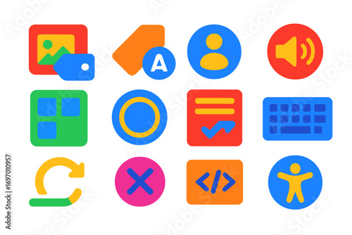 Flat Accessibility Icons. Flat vector icons of HTML Accessibility Tags: alt text, aria-label, role attribute, screen reader icon,