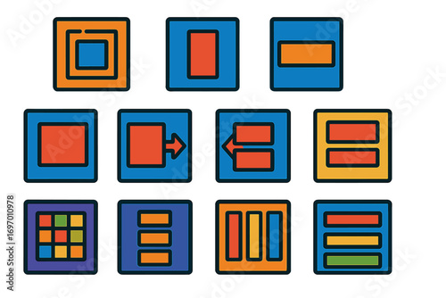 CSS Layout Icons. Flat vector icons of CSS Layout Techniques: box model, display block, display inline, float left, float right,