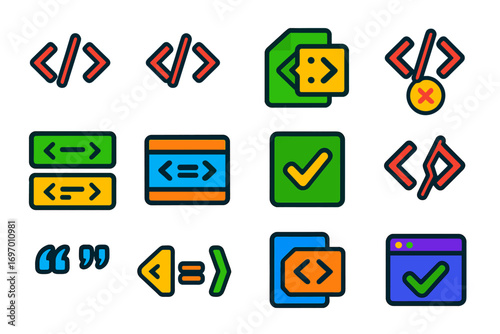 Bright HTML Syntax Icons. Flat vector icons of HTML Syntax Rules: opening tag, closing tag, nested tag, self-closing tag, tag