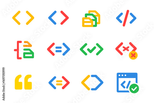Bright HTML Syntax Icons. Flat vector icons of HTML Syntax Rules: opening tag, closing tag, nested tag, self-closing tag, tag