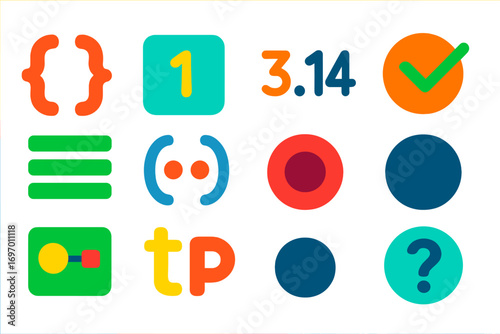 Python Data Types Icons. Flat vector icons of Python Data Types: string icon, integer box, float symbol, boolean logic, list array