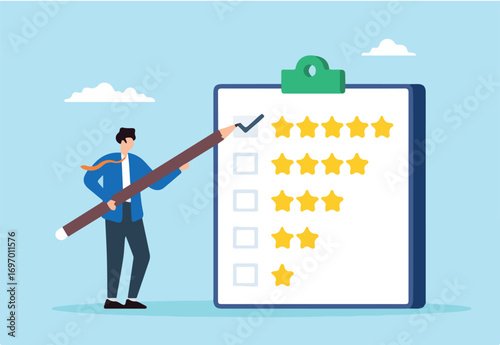 Flat illustration of businessman use pencil to give five star evaluation in feedback survey