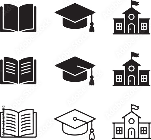 Set of three black graduation caps open books and school buildings mortarboard tassel