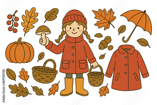 A vector set depicting autumn signs, seasonal collection, and an illustration of a cute girl picking mushrooms