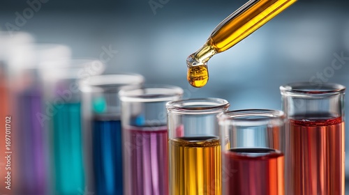 Precise scientific experiment captures liquid drop from pipette into colorful test tubes, symbolizing research and discovery in a modern laboratory.