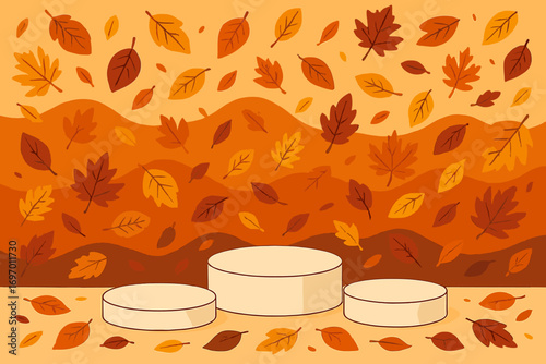 A white, round display podium mockup featuring paper‑cut autumn leaves in red and yellow, rendered as a vector illustration, set against a fall floral background for product advertising