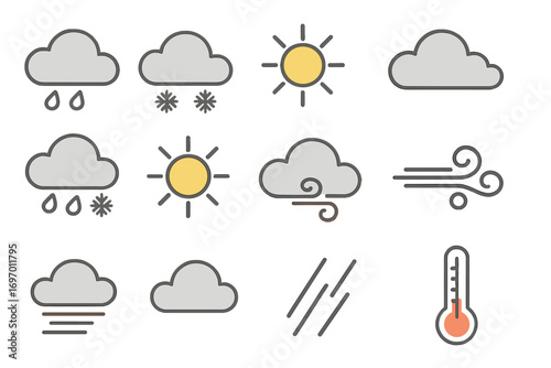 A weather icon set featuring forecast, clouds, wind, rain, snow, settings, sunny weather, and more, with editable strokes and simple vector lines