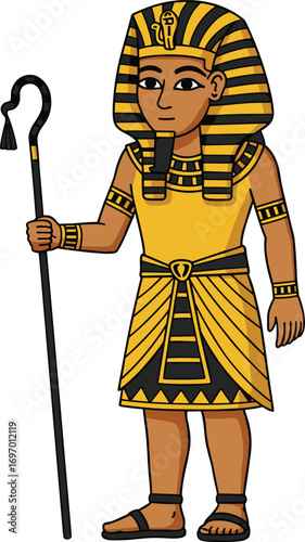 Ancient Egyptian pharaoh, cartoon character, traditional attire, royal staff, historical costume, vector illustration, cultural icon, Egypt ruler, gold accessories, ceremonial pose