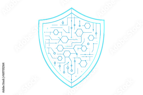 The cybersecurity technology privacy concept protects data, featuring a shield on the right side against a dark blue background illuminated by glittering lights