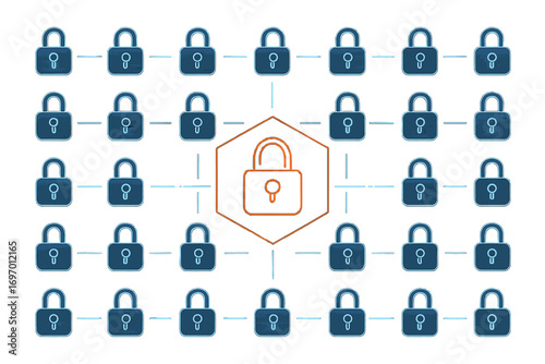A cyber assault, with the system under threat and a DDoS attack, shows a camera traversing HUD blue hexagons and padlocks, yet one of them has been compromised—illustrating cyber security and hacking