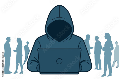 A faceless young hacker in a hoodie works on a laptop amid a blurry cityscape, surrounded by business professionals, embodying cybersecurity concepts with a toned double exposure image