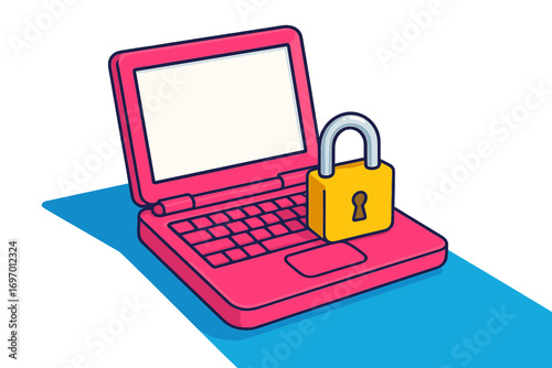 A yellow padlock on a pink toy laptop symbolizes online security
