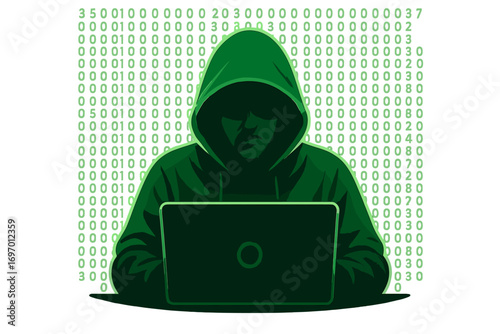 A hoodie-clad hacker with binary code depicting cybercrime and security