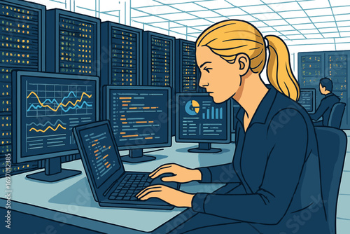 A self‑assured female data scientist operates a personal computer with a green‑screen template inside a large control and monitoring room, while an ambitious programming engineer uses chroma key