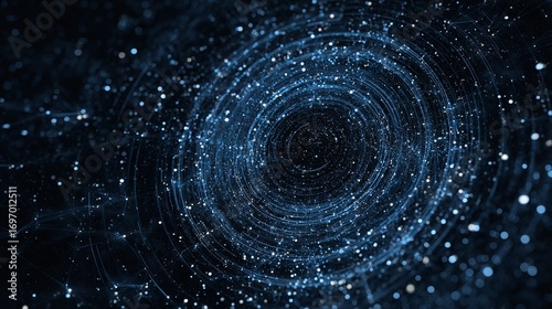 Fototapeta Naklejka Na Ścianę i Meble -  Dynamic abstract digital vortex of glowing blue particles and lines representing complex data flow and futuristic network connections in deep space
