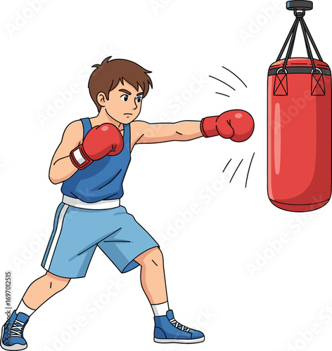 Cartoon boxer training, punching bag workout, young athlete, boxing practice, sports illustration, fitness concept, vector art, active lifestyle, gym scene, motion impact